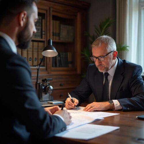 Finanzberatung: Handwerker unterschreibt Rentenvertrag mit sicherem Berater.