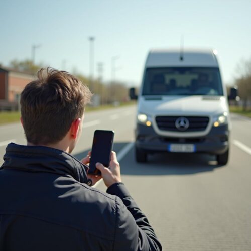 Kfz-Gutachter frustriert: Beschädigtes Auto, leerer Platz, fehlendes Unfallfahrzeug.
