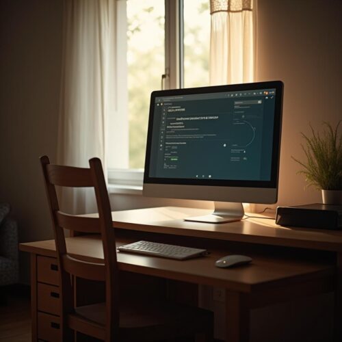 Online-Banking-Interface auf Monitor: Gutschrift in leerem Zuhause, friedliche, unheimliche Stille.