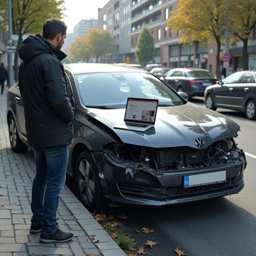 Frustrierter Fahrzeugbesitzer vor beschädigtem Auto mit offenem Laptop und Versicherungswebseite