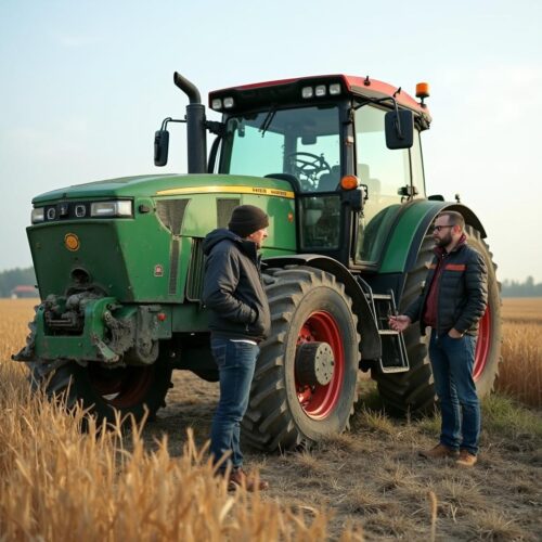 Beschädigter grüner Schlepper mit Landwirt und Versicherungsmitarbeiter auf Ackerboden bei Erntekosten