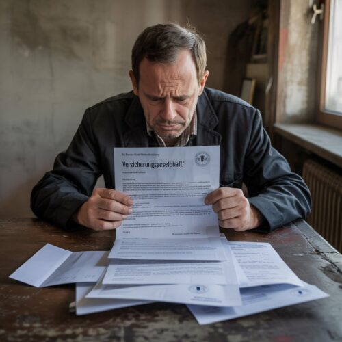 Mann sitzt traurig an Tisch, liest offiziellen Versicherungsbrief, umgeben von Papieren