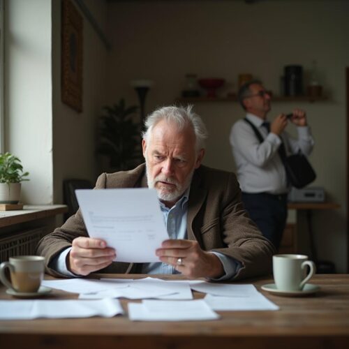 Älterer Mann ärgert sich über private Krankenversicherungsrechnung am Holztisch