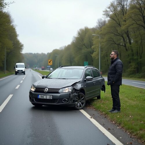 Verunglücktes Auto neben beschädigter Leitplanke auf Bundesstraße, Fahrer begutachtet Schaden