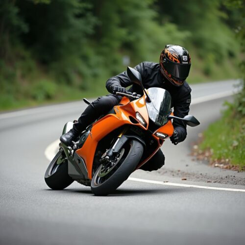 Motorrad in Schräglage weicht Rehen auf ländlicher Straße aus, Fahrer und Sohn in dynamischer Kurve