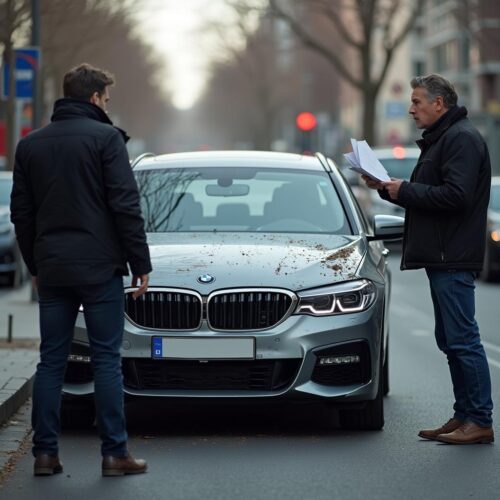 Autobesitzer streitet mit Versicherungsvertreter vor beschädigtem Auto mit manipuliertem Zündschloss