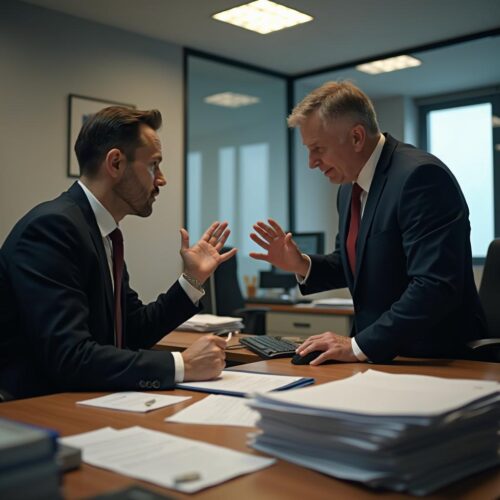 Insurer im Businessoutfit konfrontiert Insolvenzverwalter bei Streit um Courtage in insolventer Maklerfirma