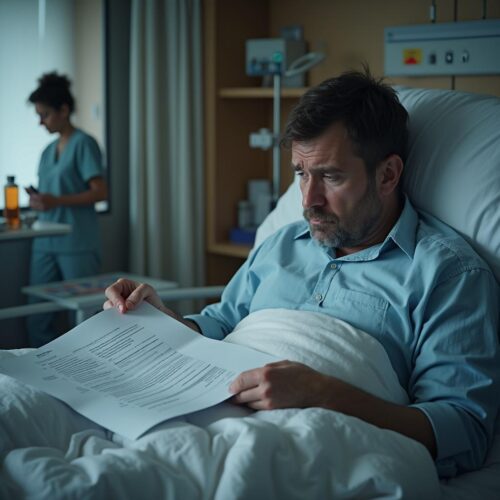 Patient im Krankenhausbett mit Rechnungen, leerem Geldbeutel und Versicherungsvertrag, Versicherungsvertreter im Hintergrund