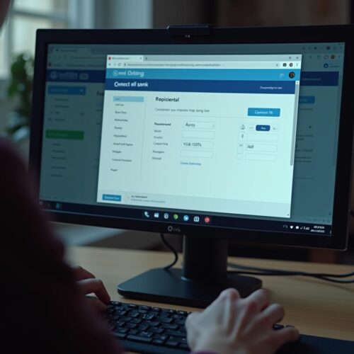 Falsche Online-Banking-Seite mit Transferformular, Hände beim TIPPen, Betrugsrisiko erkennen