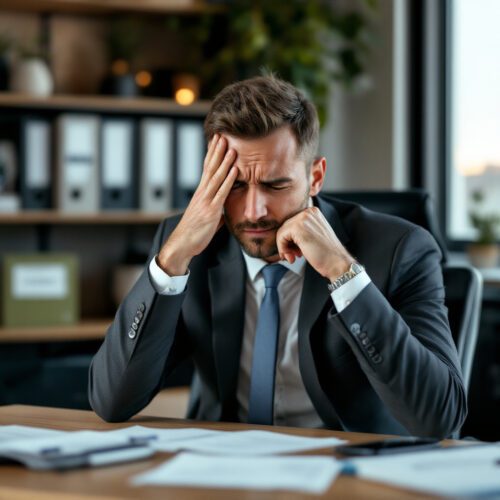 Vertriebsmitarbeiter zeigt Stresssymptome während Kundengespräch im Büro