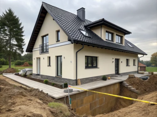 Absenkung des Bodens an der Hausecke mit messbarer Vertiefung