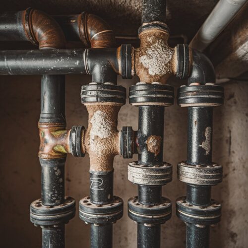 Alte, ungewartete Wasserleitungen im Kellerraum eines leerstehenden Hauses