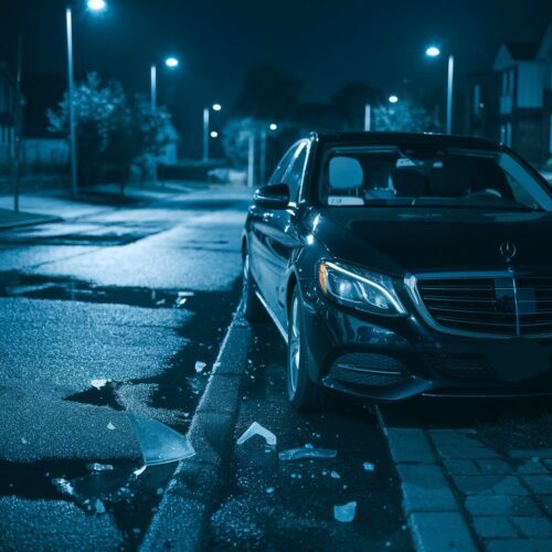 Schwarzer Mercedes mit Frontschaden neben beschädigtem parkenden Auto bei Nacht