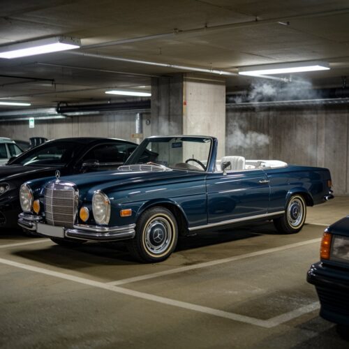 Leichter Rauch steigt aus Motorraum eines parkenden Oldtimer-Mercedes in Tiefgarage