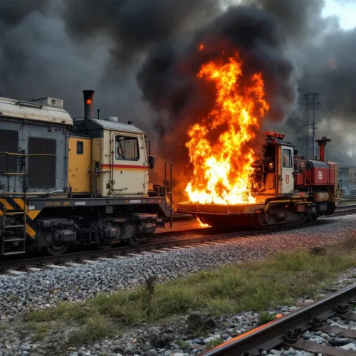 Ältere Schotterplaniermaschine mit Flammen im Motorbereich auf Baustelle