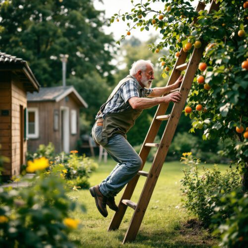 Senior verliert das Gleichgewicht auf Holzleiter beim Obstbaumschnitt