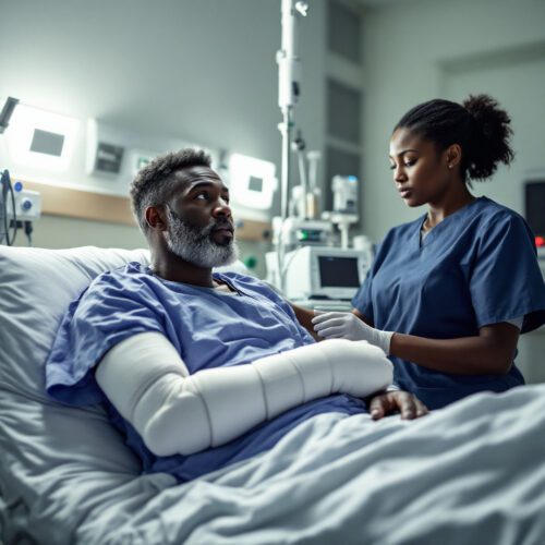 Mann mit dem rechten Arm in Gips liegt im Krankenhausbett