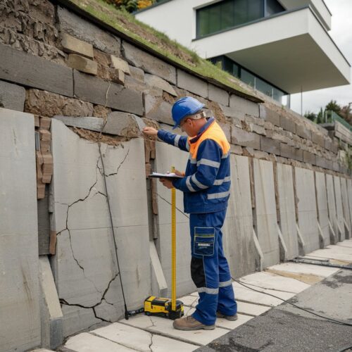Gutachter untersucht schadhafte Stützmauer an Hanggrundstück