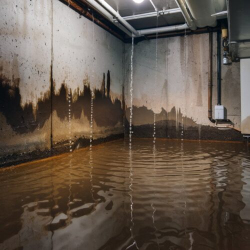 Wasser dringt durch Kellerwände ein und bildet Pfützen am Boden