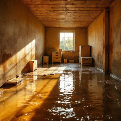 Eingedrungenes Wasser in Kellerraum eines deutschen Hauses.