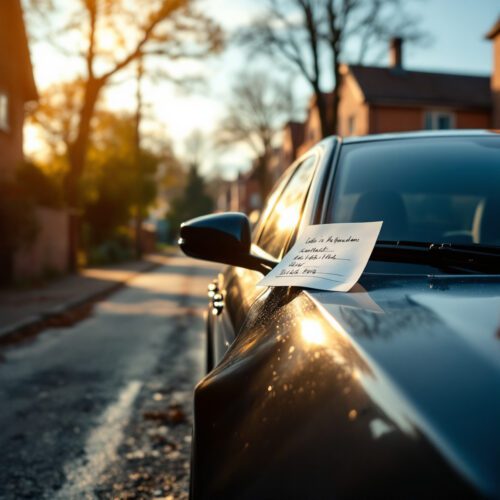 Zerkratztes Auto auf ruhiger Straße in Deutschland mit Kontaktnote unter dem Scheibenwischer.
