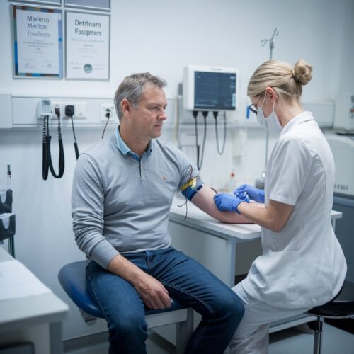 Patient bei routinemäßiger Blutentnahme in deutscher Hausarztpraxis