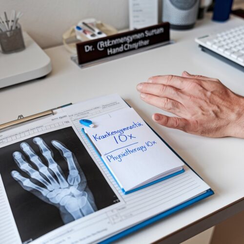 Handchirurg verordnet Krankengymnastik nach einer Heilung des Bruchs am vierten Finger.