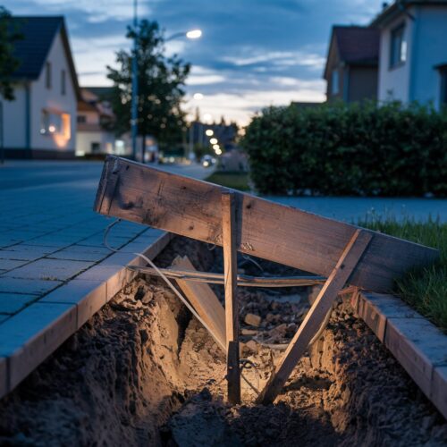 Ungesicherter Gehweg mit ausgehobenem Bereich für Glasfaserarbeiten, Holzplatte als provisorische Absicherung.