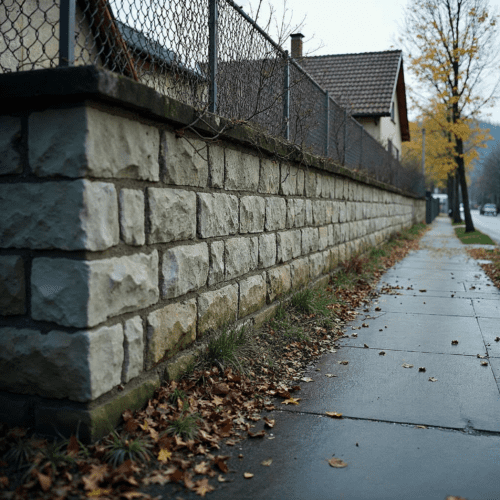 Wettergeschädigte Stützmauer mit leichten Rissen, stark überhängend zur öffentlichen Straße.