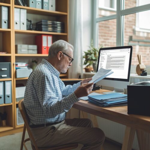 Rentner sitzt im Homeoffice mit Versicherungspapieren und Blick auf den Computer, der Streit mit der Versicherung zeigt.