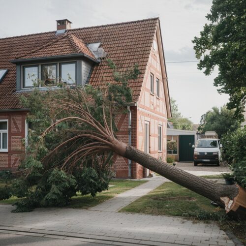 Sturmgeschädigte Rosskastanie vor deutschem Haus; besorgte Hausbesitzer stehen daneben, VW Transporter im Hintergrund.