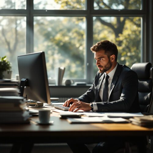 Versicherungsmitarbeiter schreibt Bericht zur Ablehnung einer Berufsunfähigkeitsversicherung in einem Büro.