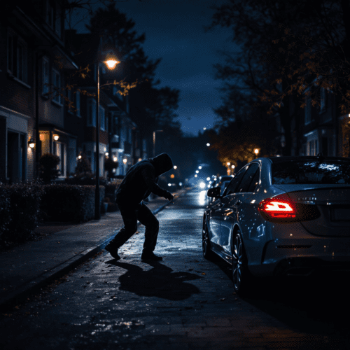 Diebstahl eines Auto Teils in ruhiger Wohngegend bei Nacht, Täter in dunkler Kleidung entfernt einen Seitenspiegel.
