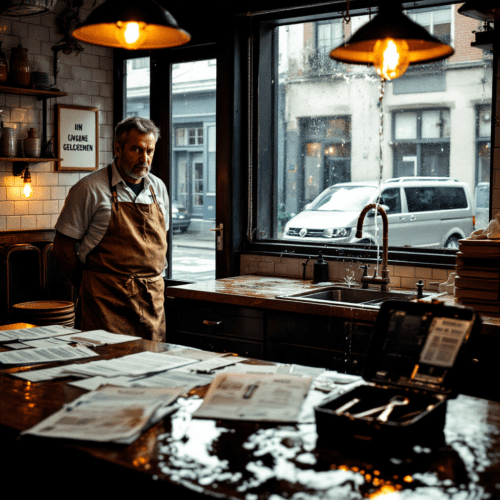 Küche eines Hamburger Gastropubs mit einem Koch, einem Wasserleck und verstreuten Versicherungsunterlagen.