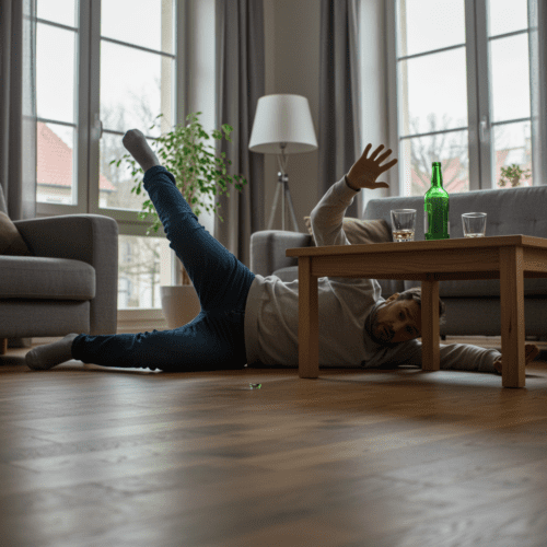 Mann in einer deutschen Wohnung stürzt, während er Alkohol konsumiert hat; Tisch mit umgekipptem Glas im Hintergrund.
