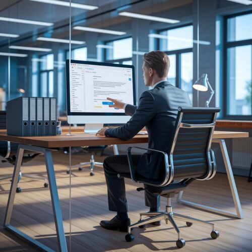 Mitarbeiter in modernem deutschen Büro bestätigt eine große Transaktion per Klick auf E-Mail.