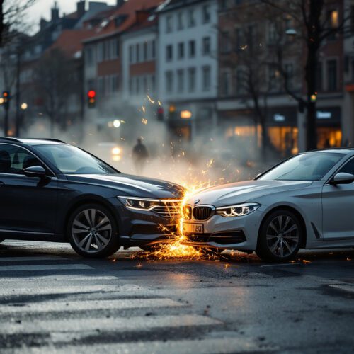 Kollision zwischen einem Volkswagen Passat und BMW 3er an einer belebten Kreuzung in Köln.Kollision zwischen einem Volkswagen Passat und BMW 3er an einer belebten Kreuzung in Köln.