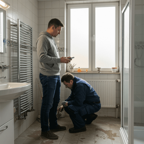 Hausbesitzer in Bademode spricht mit Handwerkern über Wasserschaden im modernen Badezimmer.