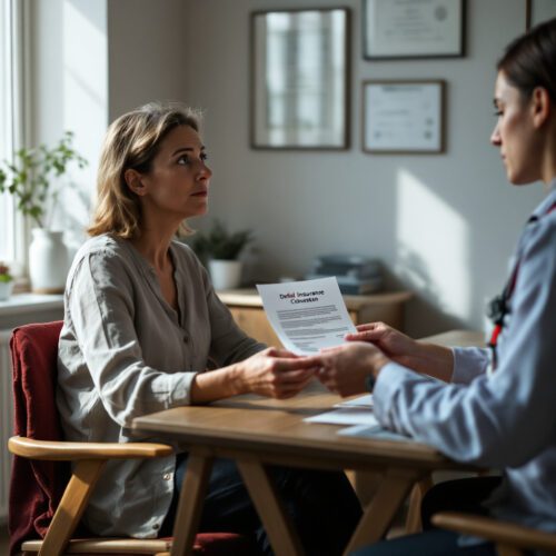 Patientin erhält Ablehnung für psychsomatische Behandlung in einer Klinik. Gesundheitsmitarbeiter überreicht ein Dokument.