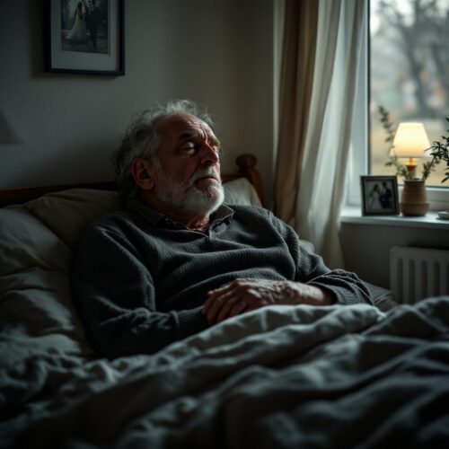 Dunkles Schlafzimmer mit dem verstorbenen Subjekt in Alltagskleidung, umgeben von persönlichen Gegenständen.