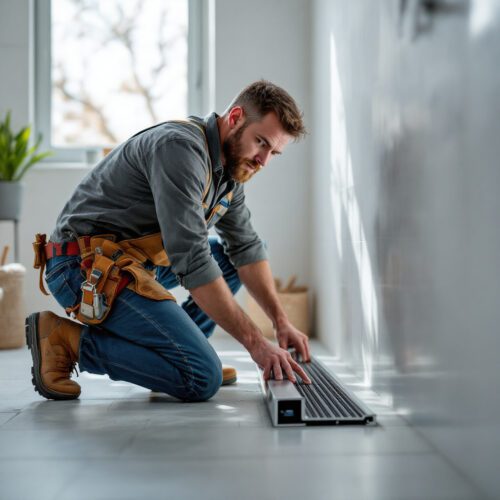 Handwerker installiert unsachgemäß einen Duschablauf in modernem Badezimmer, was später rechtliche Streitigkeiten verursacht.