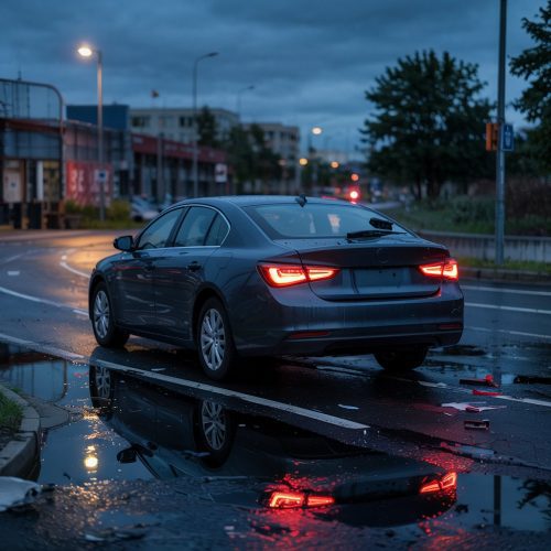 Unfallflucht: Dunkles Auto mit Frontschaden verlässt nächtlichen Unfallort. Kfz-Versicherung, Schadensregulierung, §142 StGB.