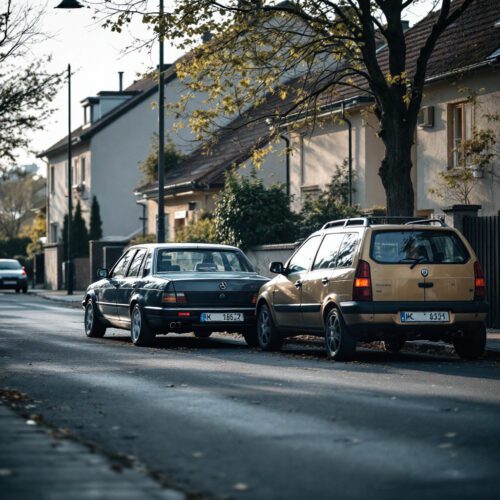 Kfz-Haftpflicht: Geringe Kollision. Auto stößt parkendes Kfz. Unspektakuläre Szene, Wohnstraße.