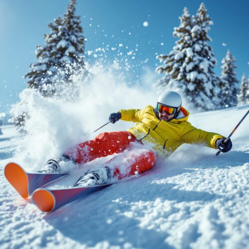 Skiunfall: Stürzender Skifahrer auf Piste. Schulterverletzung, Unfallfolgen, Versicherung, Reha, Prävention.