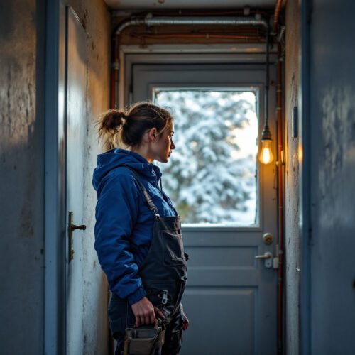Frau stoppt Heizung im Keller. Frost, Leitungswasserschaden vermeiden. Wohngebäudeversicherungsschutz.
