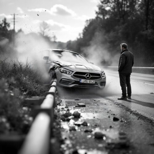 Besorgter Mann bei Unfall mit beschädigter Leitplanke und Kratzspuren auf ungarischer Autobahn