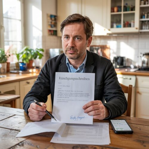 Versicherungsnehmer unterschreibt Kündigungsschein mit Bankauszug, im Hintergrund Kontaktliste, in hellem Wohnküchenambiente.