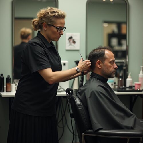 Friseurin beugt sich schmerzhaft über Kunden im hellen Friseursalon, mit Schere in Hand