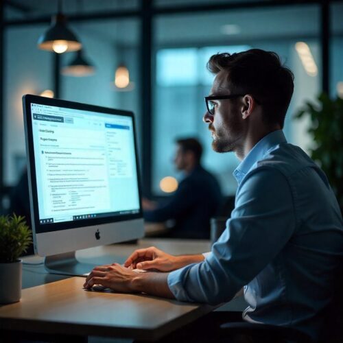 Mitarbeiter tippt unsicher in einem digitalen Versicherungs-Formular am Computer im Büro