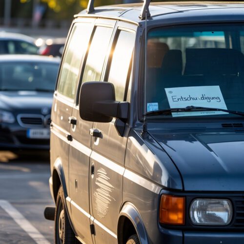 Grauer Transporter fährt von Parkplatz, PKW mit Lackkratzer & Zettel.